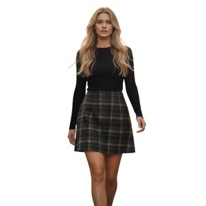 The Limited Wool Blend Mini Skirt Women 8 Brown Gray Plaid Italy Made Side Zip